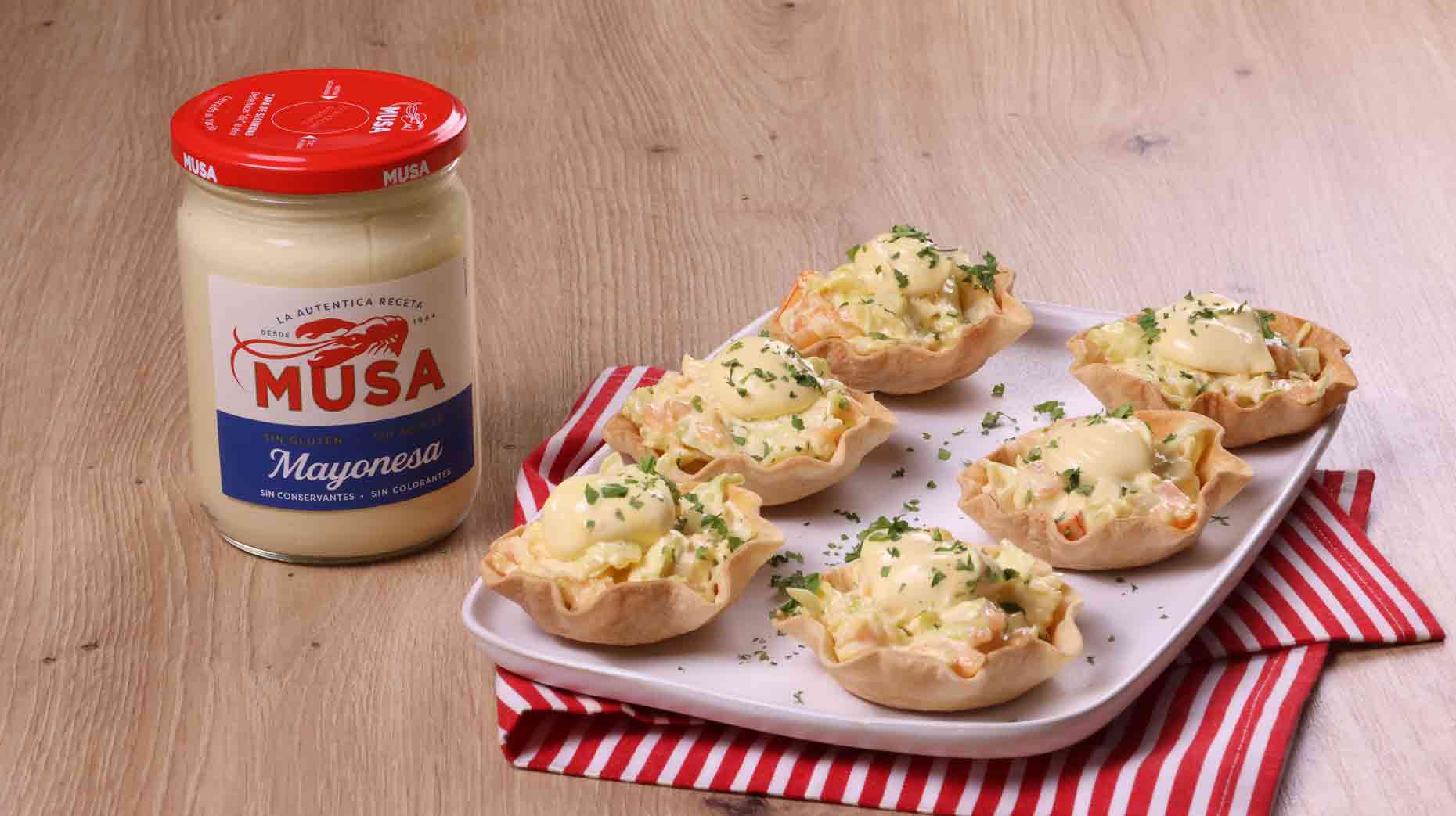 Tartaletas de salmón y langostinos con Mayonesa Musa