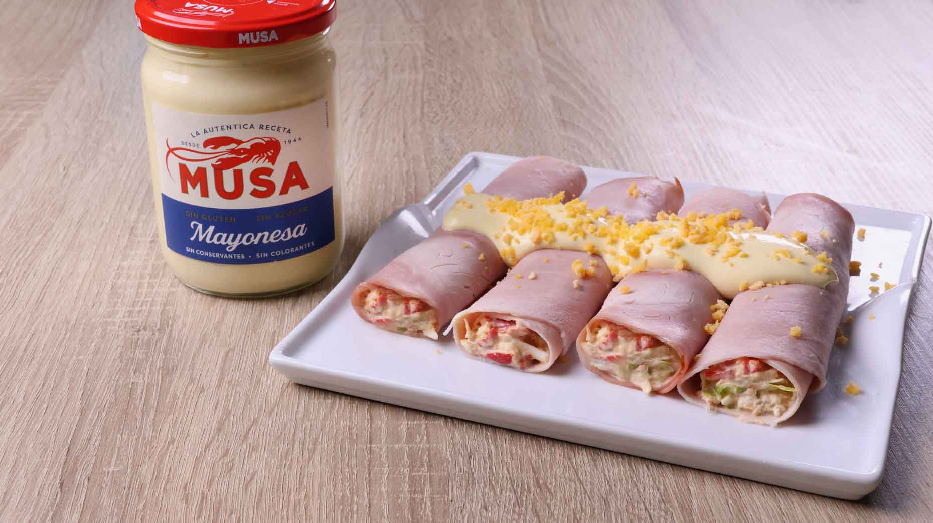 Rollitos de jamón cocido rellenos de atún con Mayonesa Musa.